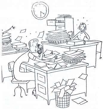 office desk cartoon. cartoon of clerk at desk with
