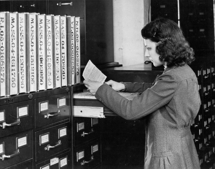 woman viewing cardfile