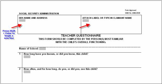 Graphic of the top half of the form's 1st page that indicates you should press Shift + Enter to begin a new line of text