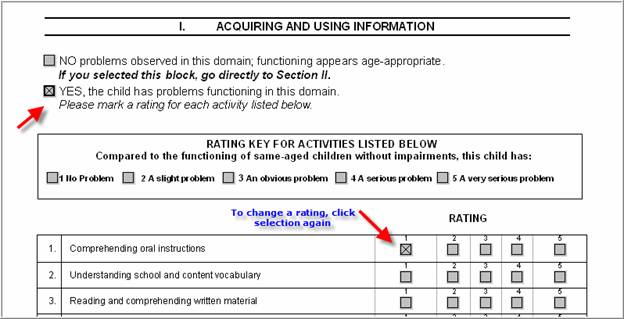 Graphic that shows that, if you need to change an entry, you should click on the box you already checked to erase the selection before you choose a new rating box.