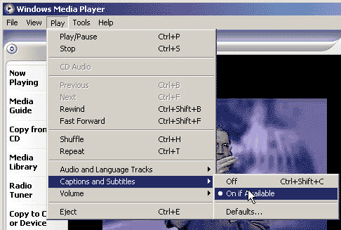 Windows Media Player 9 Play Menu