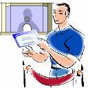 Man with Social Security card "ticket" behind velvet rope.