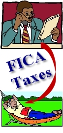 Man working, FICA taxes, and man relaxing in hammock.