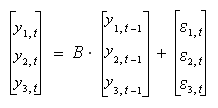 The column vector with components y sub 1,t, y sub 2,t and y sub 3,t equals the result of adding the matrix B times the column vector with components y sub 1,t-1, y sub 2,t-1, and y sub 3, t-1, with the column vector with components epsilon sub 1,t, epsilon sub 2,t, and epsilon sub 3,t