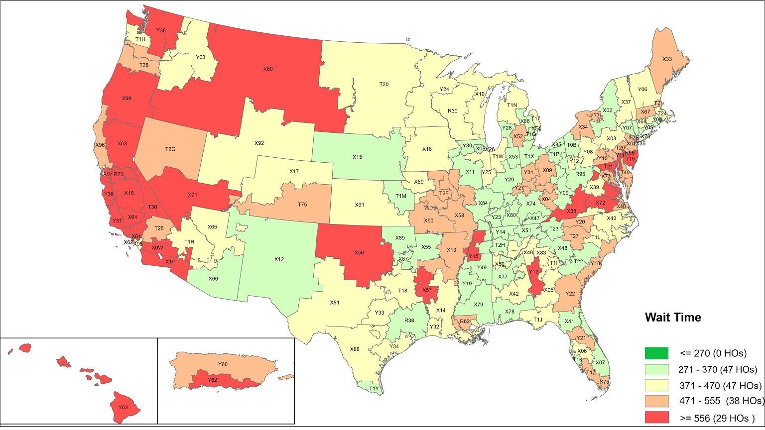 Heat map of the United States showing the average hearing wait times in September 2023. The majority of hearing offices had an average wait time of 371 days or more and 29 hearing offices had a wait time higher than 556 days in September 2023.
