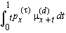 The probability of death at age x equals the integral from t=0 to t=1 of the probability of surviving under all decrements from age x to x+t times the force of mortality at age x+t