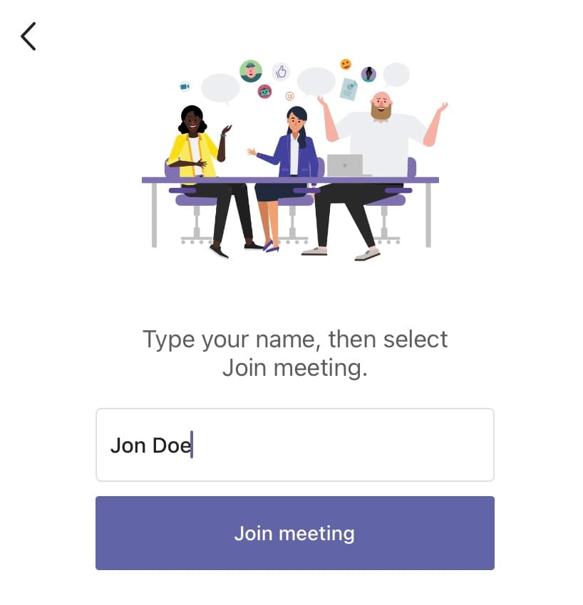 screenshot of MS Teams Enter name entry field and Join meeting button
