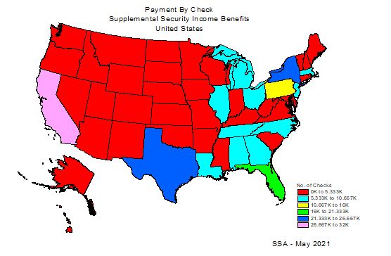 US map showing number of checks issued in each state