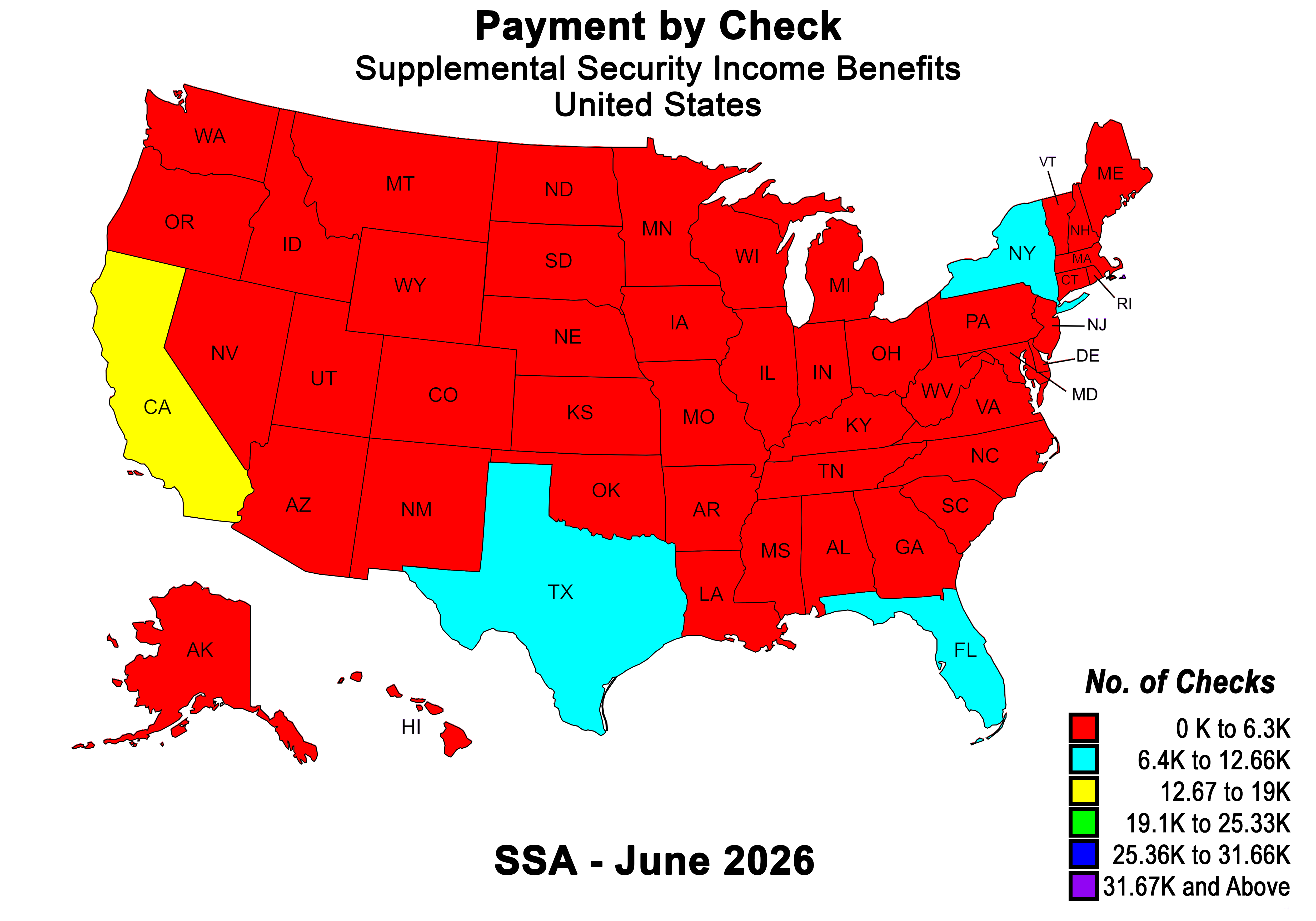 US map showing number of checks issued in each state