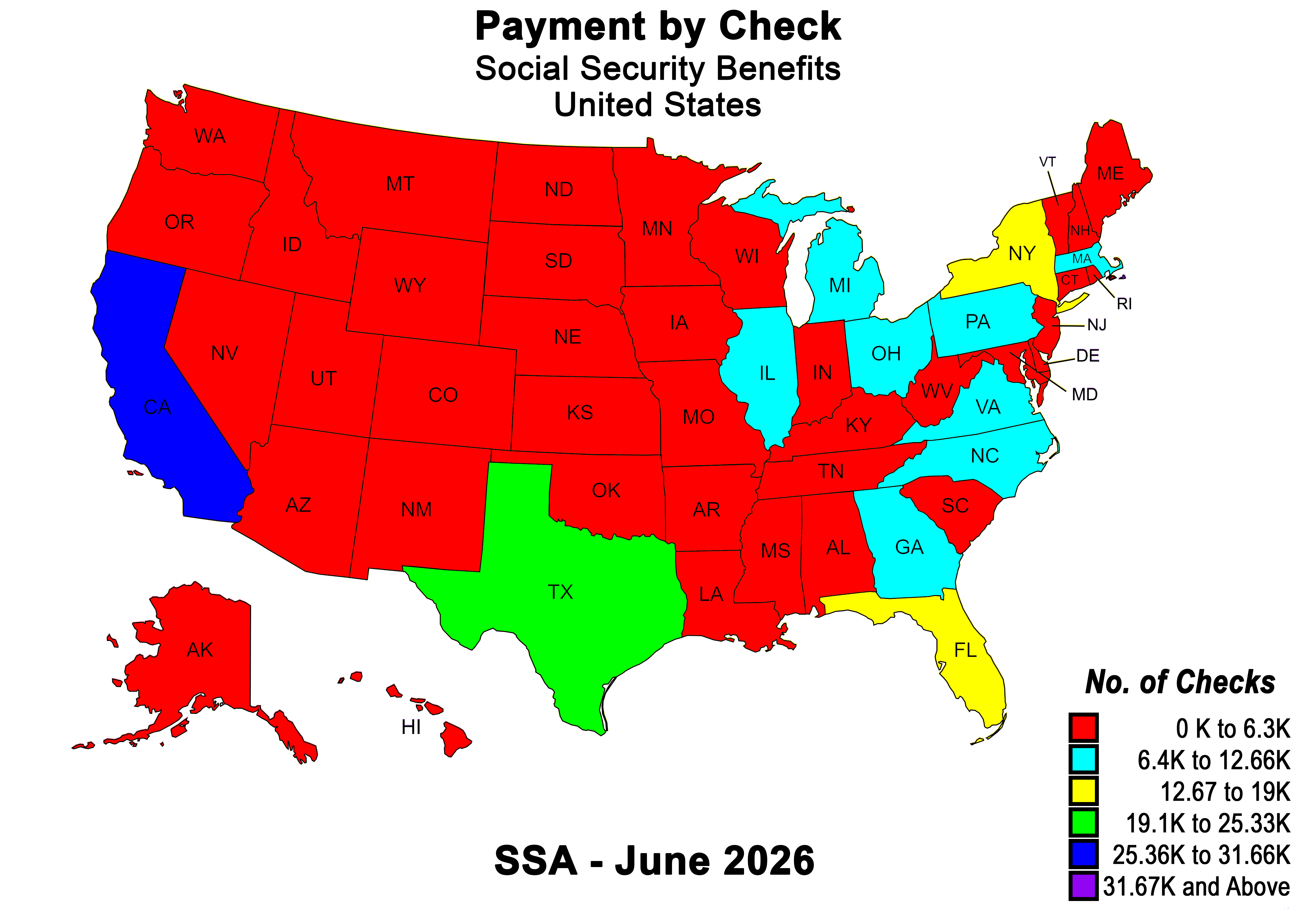 US map showing number of checks issued in each state