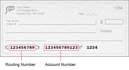 This is a sample check showing the routing number, which consists of nine digits and is located at the lower left corner of the check. The account number is located just to the right of the  routing number.