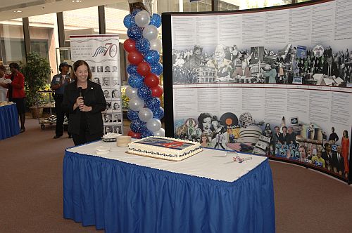 Commissioner Barnhart with history display in Baltimore