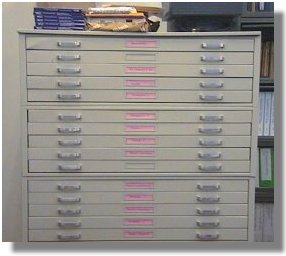 photo of flat-drawer filing cabinet