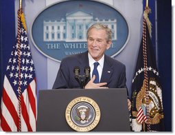 President George W. Bush responds to questions Monday, Jan. 12, 2009, during his final press conference in the James S. Brady Press Briefing Room of the White House. White House photo by Chris Greenberg