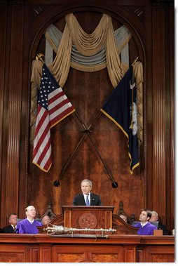 President George W. Bush addresses South Carolina legislators at the State House in Columbia Monday, April 18, 2005. "The people of South Carolina look to you and they look to your Governor for leadership. And you delivered. You set clear priorities for your budget, and you made hard decisions when it came to spending. To rein in the rising costs of health care, you became one of the first states in the nation to offer health savings accounts to state employees," said the President.White House photo by Paul Morse 