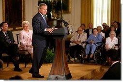President George W. Bush makes remarks on the 38th anniversary of Medicare in the East Room Wednesday, July 30, 2003. "The 38th anniversary of Medicare is a time for action. The purpose of the Medicare system is to deliver modern medicine to America's seniors. That's the purpose. And in the 21st century, delivering modern medicine requires coverage for prescription drugs," President Bush said. White House photo by Paul Morse.
