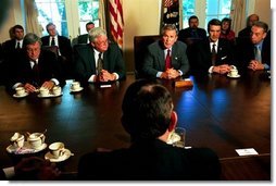President George W. Bush discusses the progress of Medicare modernization legislation with members of Congress in the Cabinet Room Thursday, Sept. 25, 2003. Pictured sitting next to the President are, from left: Rep. Bill Thomas, R-Calif.; Speaker Dennis Hastert, R-Ill.; Sen. Bill Frist, R-Tenn.; and Sen. Charles Grassley, R-Iowa. White House photo by Tina Hager.