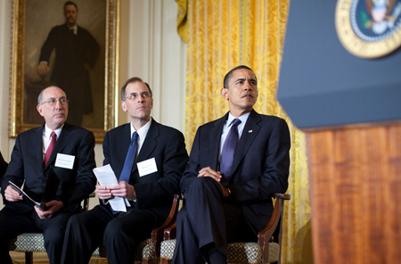 Center on Budget and Policy Priorities Executive Director Bob Greenstein, Moody's Economy Chief Economist Mark Zandi, and President Obama