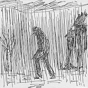 drawing of man walking in the rain