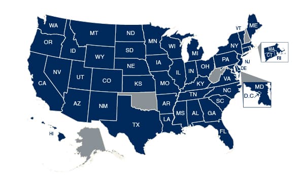 Map of the U.S. highlighting states that are eligible to request a replacement Social Security card. See list of non-eligible states.