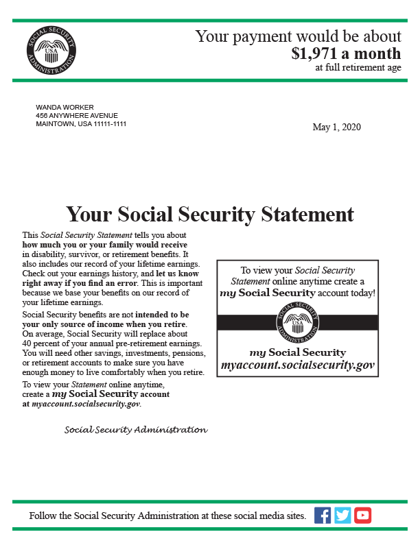 Page 1 of 2020 sample of Social Security Statement
