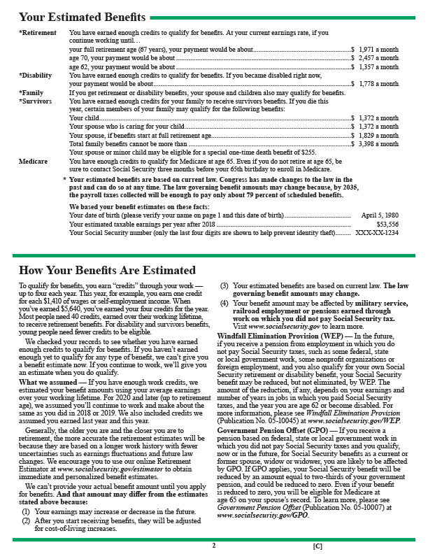 Page 2 of 2020 sample of Social Security Statement