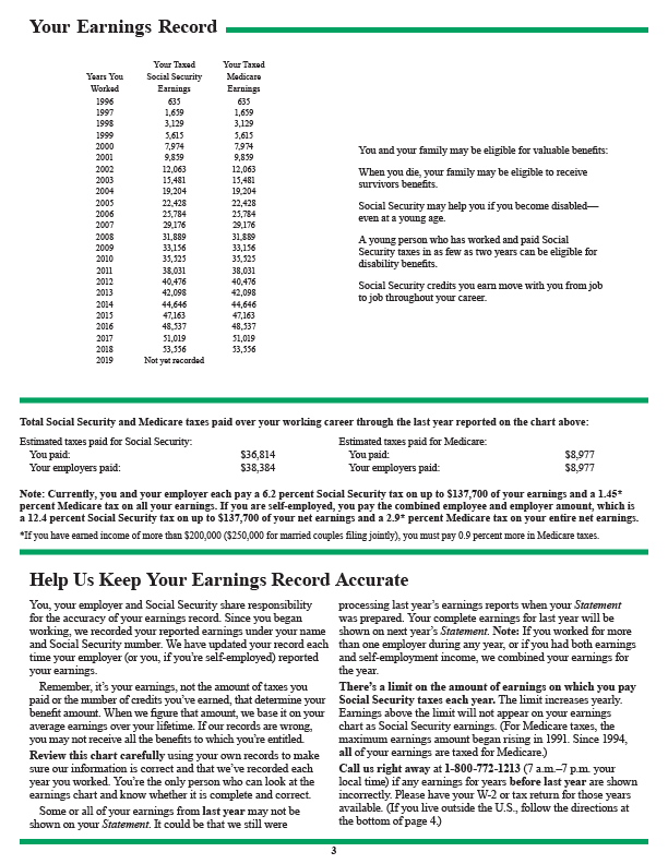 Page 3 of 2020 sample of Social Security Statement