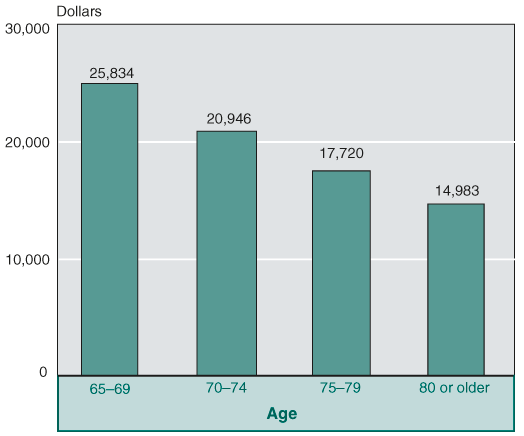 Bar chart showing median income by age: age 65 to 69, $25,834; age 70 to 74, $20,946; age 75 to 79, $17,720; and age 80 or older, $14,983.