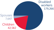Pie chart showing total number of beneficiaries in Puerto Rico. Disabled workers: 179,266. Children: 42,582. Spouses: 7,647.