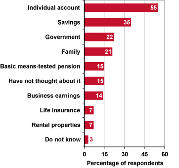 Bar chart. Individual account: 55%. Savings: 35%. Government: 22%. Family: 21%. Basic means-tested pension: 15%. Have not thought about it: 15%. Business earnings: 14%. Life insurance: 7%. Rental properties: 7%. Do not know: 3%.
