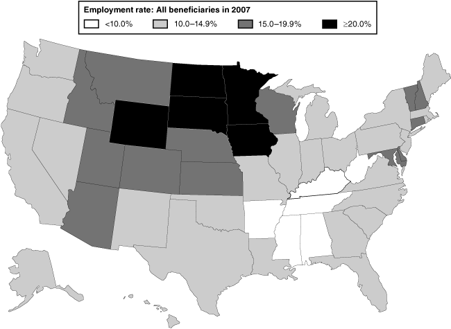 Map of the United States displaying employment rates using different shading levels. Regional patterns are discussed in the narrative. State-level employment rates are available in Appendix Table A-1, in the 2007 data column.