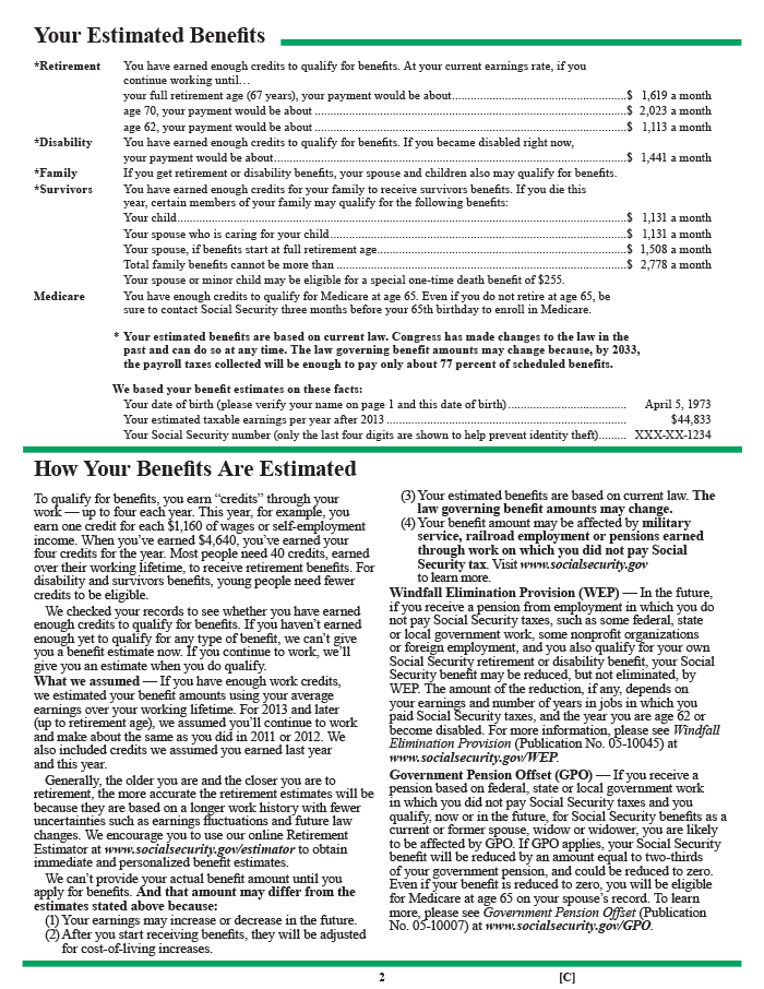 A sample of the Social Security Statement as it appeared in 2012, page 2