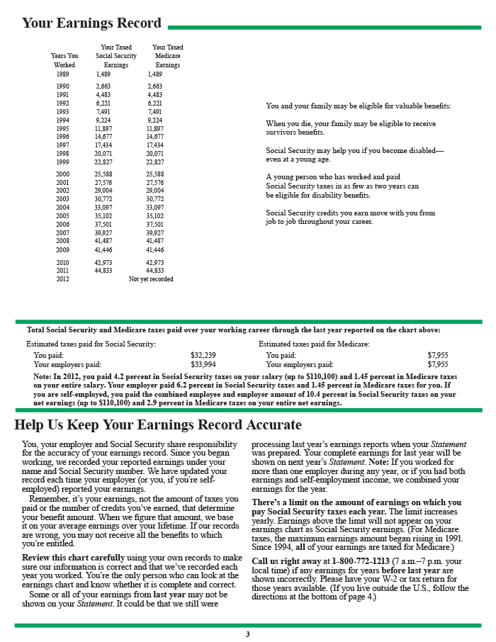 A sample of the Social Security Statement as it appeared in 2012, page 3