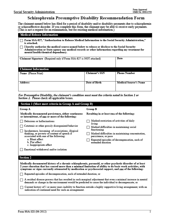 Schizophrenia Presumptive Disability Recommendation Form, page 1