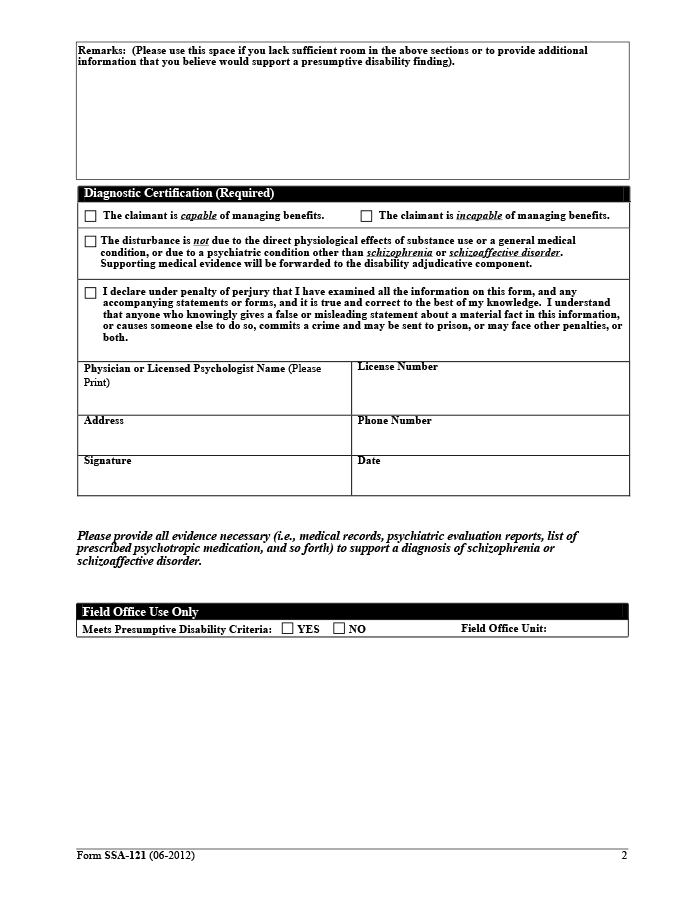 Schizophrenia Presumptive Disability Recommendation Form, page 2