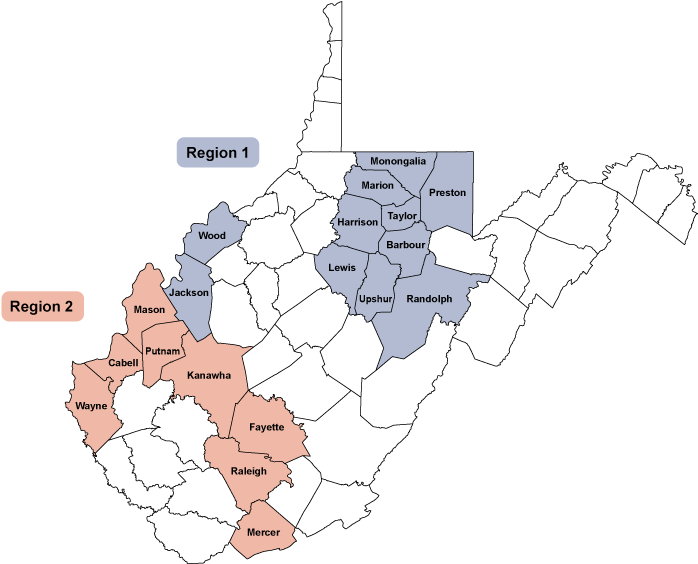 Map showing 2 regions within West Virginia. Region 1 comprises Barbour, Harrison, Jackson, Lewis, Marion, Monogalia, Preston, Randolph, Taylor, Upshur, and Wood counties. Region 2 comprises Cabell, Fayette, Kanawha, Mason, Mercer, Putnam, Raleigh, and Wayne counties.