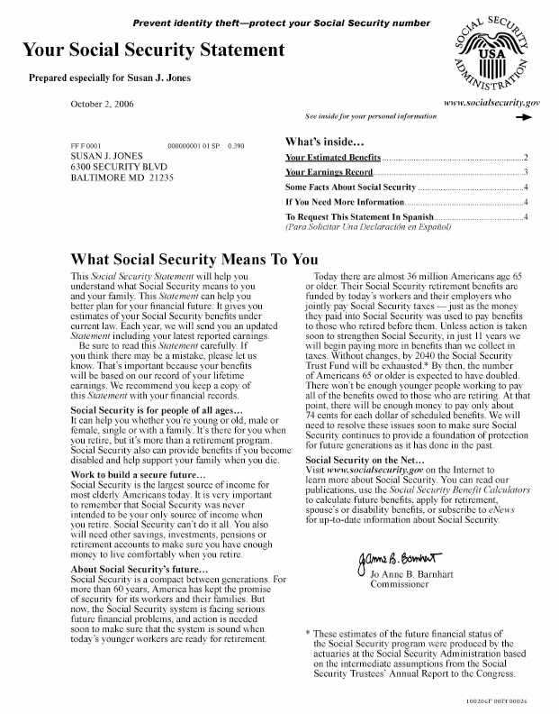 Page 1 of 2006 sample of Social Security Statement
