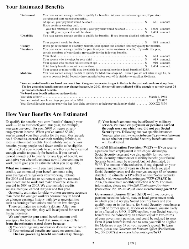 Page 2 of 2006 sample of Social Security Statement