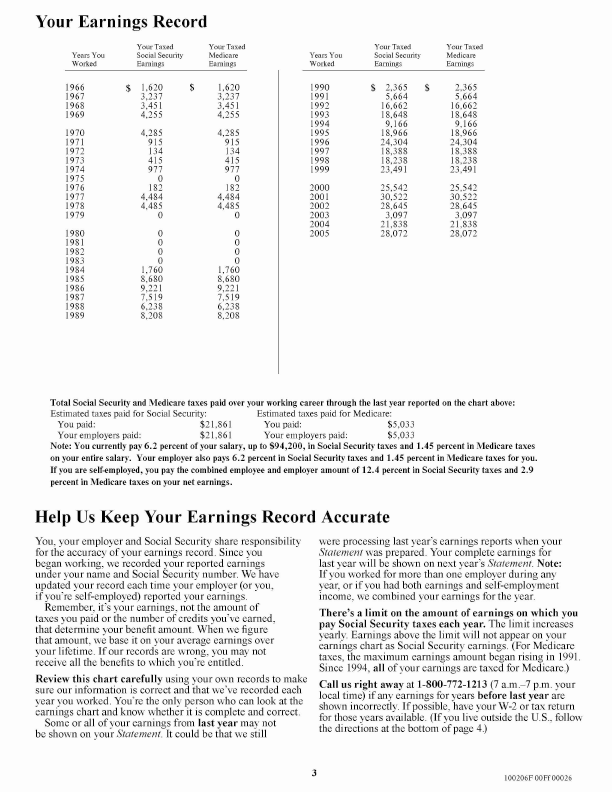 Page 3 of 2006 sample of Social Security Statement