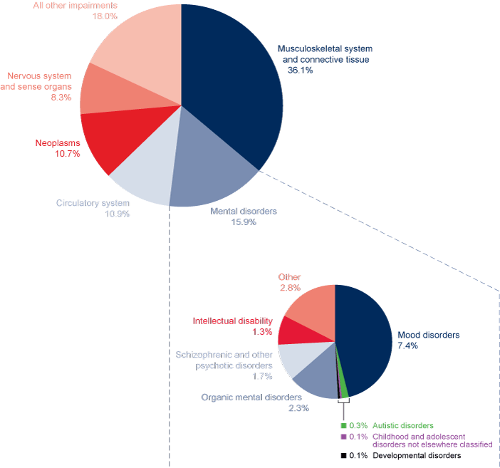 Two pie charts. The first pie has 6 slices described in the previous paragraph. The second pie breaks out the mental disorders category and these values are provided in the table below.