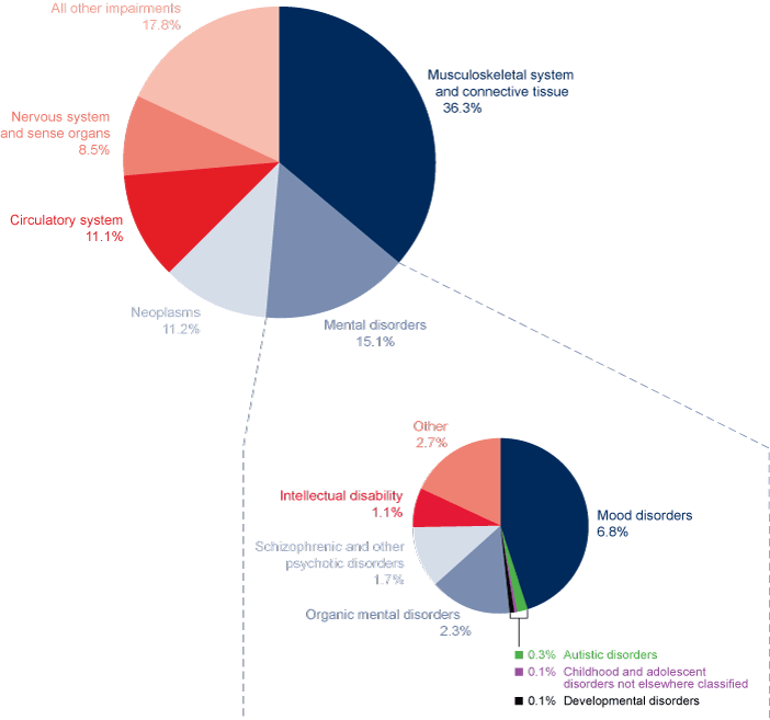 Two pie charts. The first pie has 6 slices described in the previous paragraph. The second pie breaks out the mental disorders category and these values are provided in the table below.