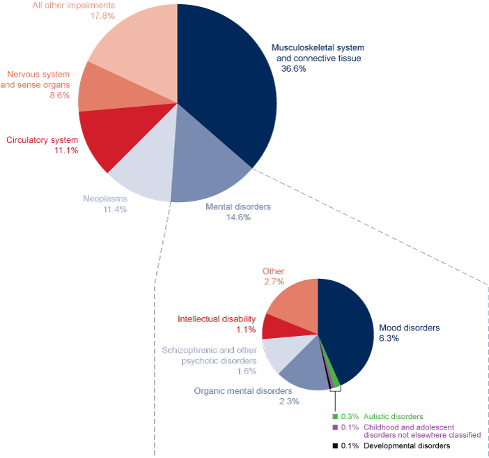 Two pie charts. The first pie has 6 slices described in the previous paragraph. The second pie breaks out the mental disorders category and these values are provided in the table below.