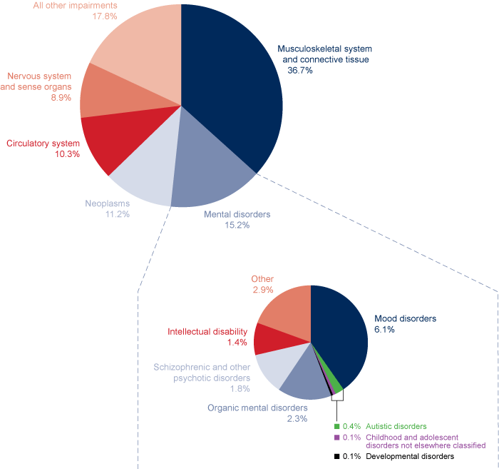 Two pie charts. The first pie has 6 slices described in the previous paragraph. The second pie breaks out the mental disorders category and these values are provided in the table below.