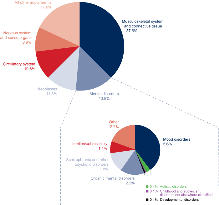 Two pie charts. The first pie has 6 slices described in the previous paragraph. The second pie breaks out the mental disorders category and these values are provided in the table below.