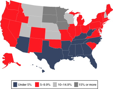 Map linked to data in table format, provided in the Percentage of all blind and disabled recipients column of Table 2.