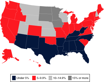 Map linked to data in table format, provided in the Percentage of all blind and disabled recipients column of Table 2.