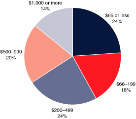 Pie chart with 5 slices, showing earnings of $65 or less equals 24%, $66 to $199 equals 18%, $200 to $499 equals 24%, $500 to $999 equals 20%, and $1,000 or more equals 14%.