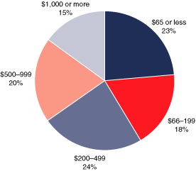 Pie chart with 5 slices, showing earnings of $65 or less equals 23%, $66 to $199 equals 18%, $200 to $499 equals 24%, $500 to $999 equals 20%, and $1,000 or more equals 15%.