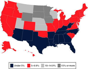 Map linked to data in table format, provided in the Percentage of all blind and disabled recipients column of Table 2.