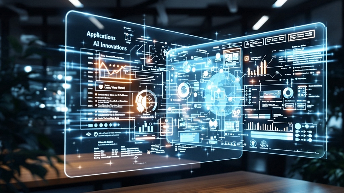AI-generated image of floating computer screens showing graphs and charts